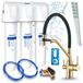 Ari Magneto Robinet de cuisine avec système de filtration d'eau, cartouche céramique, aérateur, pivotant à 360 degrés, laiton, or brossé, 2 sorties