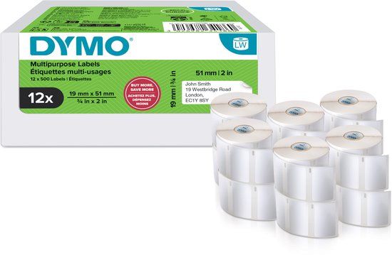 DYMO originele kleine LabelWriter multifunctionele labels | 19 mm x 51 mm | 12 met elk 500 labels (6.000 zelfklevende etiketten) | Gemakkelijk te verwijderen labels | voor LabelWriter labelprinters