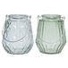 Decoris Set van 2x theelichthouders glas ijsblauw/mistgroen met metalen handvat 11 x 13 cm