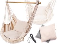 Merkloos Braziliaanse Hangmat - met Houten Stok - Ecru + Kussens - Tweekleurige Kussens