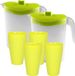Hega Hogar 16x kunststof drinkbekers 430 ML met 2x stuks schenkkannen set transparant/groen van 2.5 liter
