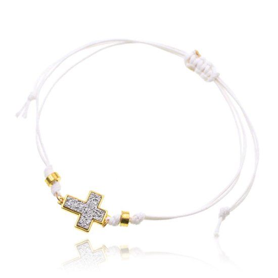 Deja Jewels Enkelband van wit touw met goudkleurige kralen en kruis