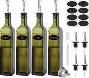 Five Stars Olieflessen - 4 Delige Set - 500ML - Groen - Met RVS Schenktuit, Trechter, Stickers & Stift - Oliefles Glas - Olie- en Azijnstel - Glazen Oliefles - Olijfolie Fles
