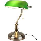 Fishtec - Vintage groene bankierlamp - lampenkap opaalkleurig draaibaar ketting gouden metalen voet - bureaulamp woonkamer slaapkamer bibliotheek sfeer retro stijl jaren 20