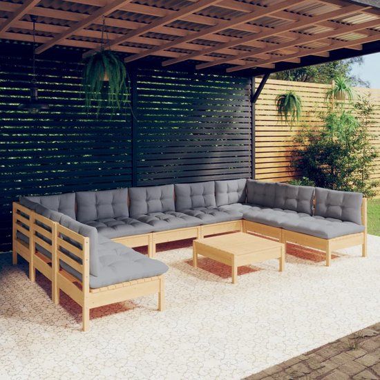 The Living Store Loungeset Modulaire Massief Grenenhouten Tuinmeubelen - Grijs - 9-persoons