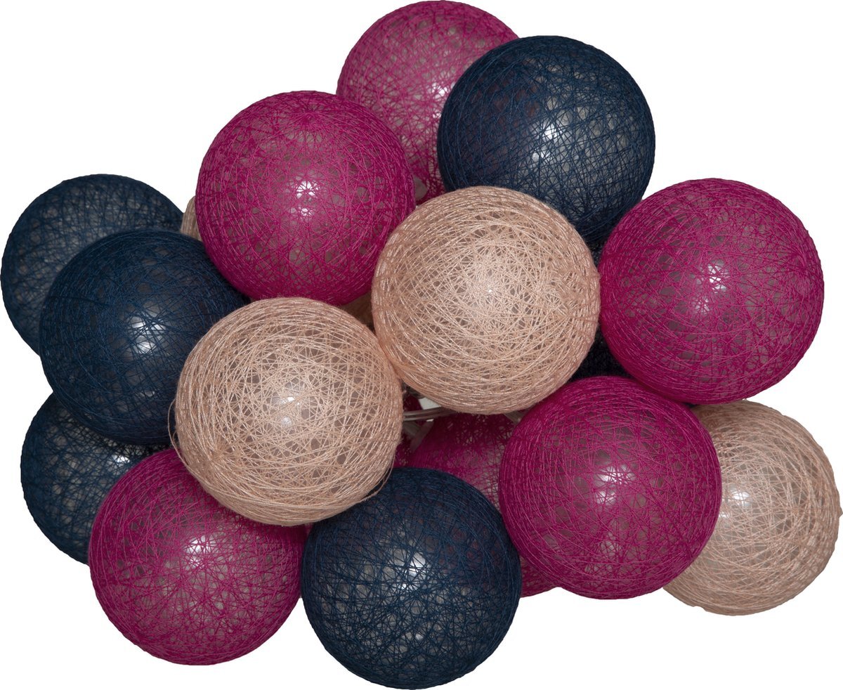 Atmosphera LED Feestverlichting Soft balletjes blauw / Roze - Lichtslingers katoen - Cotton ball - 20 Ballen - Dia 6 cm - Guirlande