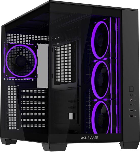 ASUS A32 PLUS TG ARGB BLACK behuizing ATX met dubbele camera, ondersteunt 360 mm radiatoren en 420 mm grafische kaarten, 4 vooraf geïnstalleerde ARGB-ventilatoren, schoon kabelbeheer, panorama-design