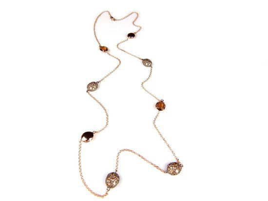 Zilveren halsketting collier roos goud verguld Model Bubbels bruine stenen 90 cm