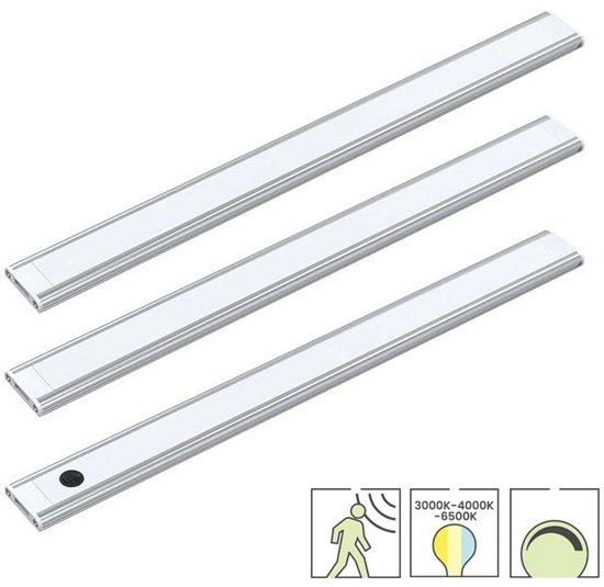 Lybardo - LED Kastverlichting - 3-pack - 50cm - Met Sensor - Dimbaar - Zilver