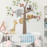 Muursticker Kinderen: Jungledieren en Bosboom - Decoratie Babykamer - H90xL60cm
