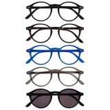 OPULIZE REY Leesbril met Zonnelezer - 5-Pack - Rond Montuur - Matzwart, Bruin, Blauw, Grijs, Zwart - Heren Dames - Veerscharnieren - RRRRS56-12371 - +3.00