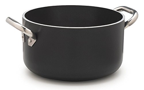 Pentole Agnelli ALSA2104SSPI20 Alblack Hoge Aluminium Casserole, Dikte 5 mm, Inductie bodem 10 mm, met 2 RVS handgrepen, 20 cm, zwart