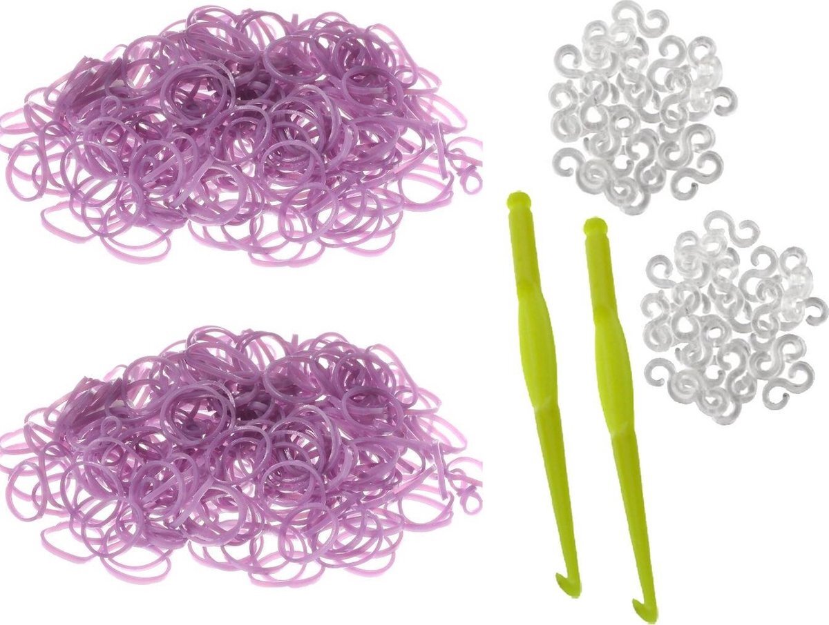 Behave 600 Loom elastiekjes, loombandjes paars met weefhaken en S-clips