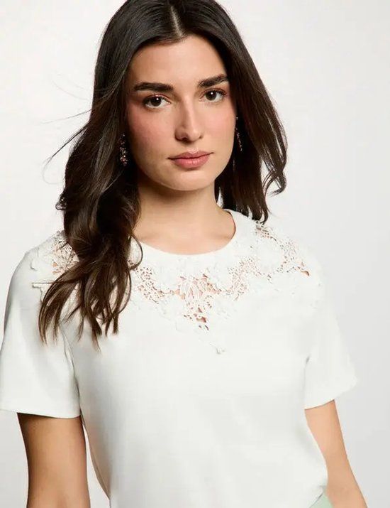 Morgan - T-shirt met kanten rand en ronde hals 261-Douce wit - Maat : XS