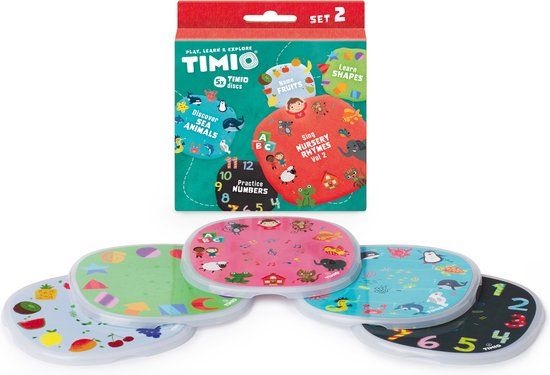 TIMIO Disk Set # 2: 5 Audio-Discs - Learn Numbers, Songs, Animals, Shapes & Fruit - 8 Languages - Educational Toy