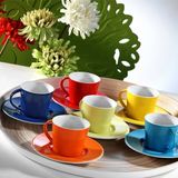 Koffiebekerset (12-delig), porselein, rood, wit, blauw, oranje, geel en groen, 90 cm³