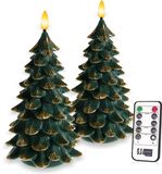 Meisterhome® LED Kaarsen Kerstboom – 2-delige Set – Echte wax - met Flikkerend Licht – Timer & Afstandsbediening – Warm Wit – Batterij – 12×12×19 cm