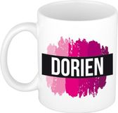 Bellatio Decorations Dorien naam cadeau koffie mok - beker - met roze verfstrepen - Cadeau collega - moederdag - verjaardag - juf - coach - 300 ml - wit