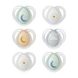 Tommee Tippee Nachtfopspenen, 0-6 m, 6 stuks, Glow in the Dark, verschillende kleuren en ontwerpen, symmetrische orthodontische fopspeen, BPA-vrije siliconen speen