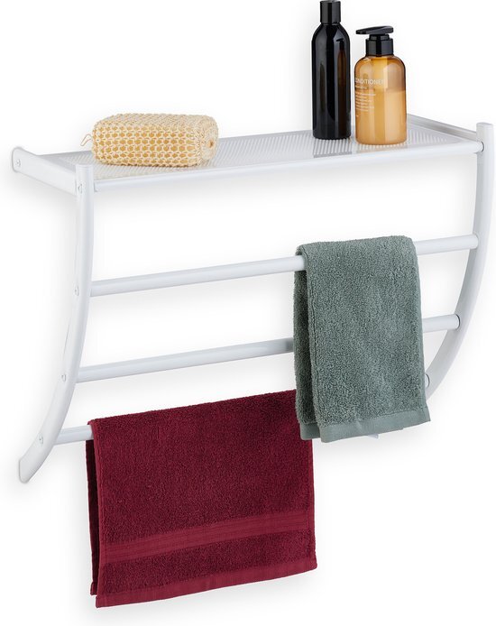 Relaxdays handdoekrek muur, HxBxD: 44 x 56,5 x 23 cm, met plank & 3 stangen, wand handdoekhouder voor de badkamer, wit