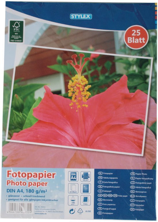 Stylex 40832 Fotopapier, DIN A4, 25 vellen, 180 g/m², glanzend, sneldrogend, geschikt voor alle gangbare inkjetprinters.