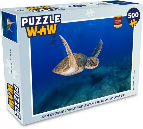 MuchoWow Puzzel Een groene schildpad zwemt in blauw water - Legpuzzel - Puzzel 500 stukjes