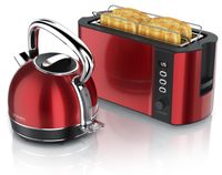 Arendo Ensemble petit-déjeuner, bouilloire VINTAGE 1,7L 2200W et grille-pain FRUKOST 4 tranches, acier inoxydable, rétro, rouge