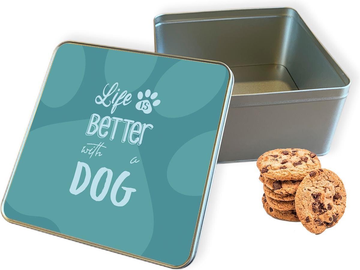 qMust Koektrommel Life Is Better With A Dog Vierkant - Bewaarblik 20x20x10 cm