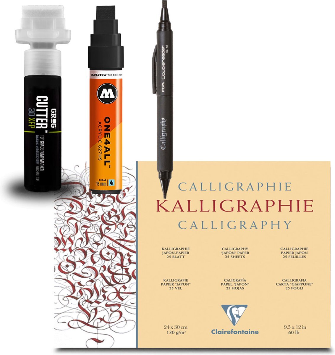 Molotow Complete Kalligrafie set - zwarte kalligrafiestiften en kalligrafiepapier - Grog Cutter - ONE4ALL™ - Itoya Doubleheader - Clairefontaine Kalligrafieblok