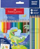 Faber-Castell 111222 - kartonnen etui met 24 kleurpotloden - 18 klassieke kleuren + 3 neon + 3 metalen pennen - dinosaurus-editie