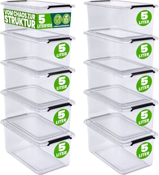 DEUBA Opbergbox Set van 10 - 5l BPA Vrij Stapelbaar - 29,5x20x12cm