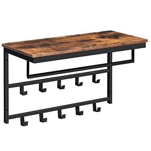 HOOBRO Wandgarderobe met plank, wandrek met 10 haken en stangen, wandgemonteerd hangrek, 60 x 30 x 42 cm, voor woonkamer, slaapkamer, badkamer, vintage bruin-zwart EBF60YM01