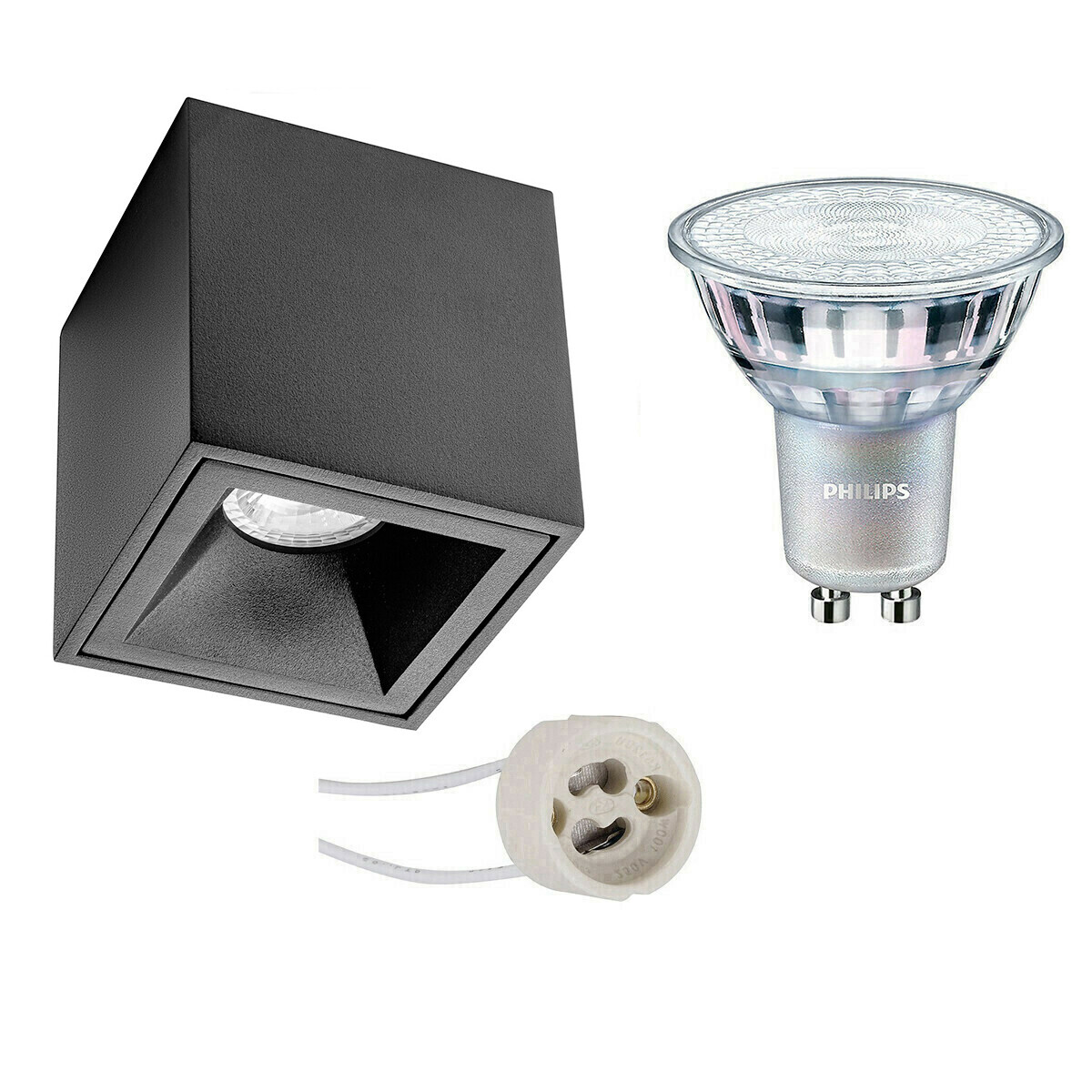 BES LED Opbouwspot Set - Pragmi Cliron Pro - GU10 Fitting - Opbouw Vierkant - Mat Zwart - Verdiept - 90mm - Philips - MASTER 927 36D VLE - 4.9W - Warm Wit 2200K-2700K - DimTone Dimbaar