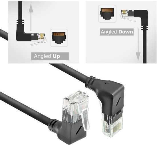 ACT Zwarte 1 meter U/UTP CAT6A LSZH Slimline patchkabel met RJ45 connectoren 90° haaks beneden naar 90° haaks boven DD7901