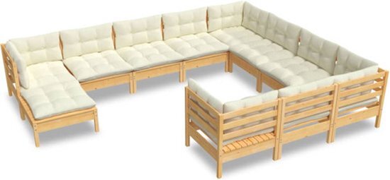 vidaXL 11-delige Loungeset met crèmekleurige kussens grenenhout