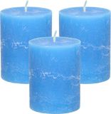 Bougie conique/bougie cylindrique - 3x - bleu clair - 7 x 9 cm - modèle rustique moyen
