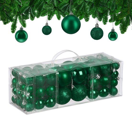 Relaxdays Kerstballen Set van 76, kunststof, onbreekbaar, donkergroen
