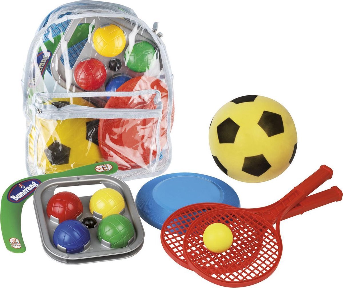 Androni Giocattoli Camping Sportset in Tas - Boemerang, een frisbee, een tennisset (2 rackets ø 21 cm met bal) en een zachte bal