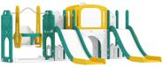 Ensemble de jeu avec toboggan et balançoire - 9-en-1 - Panier de basket - Télescope - Table de jeu - Conception de grenouille - Jaune