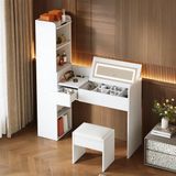 OKWISH Table de maquillage avec miroir LED connexion USB tabouret compartiments de rangement tiroir et meuble haut moderne blanc 131 x 40 x 160 cm