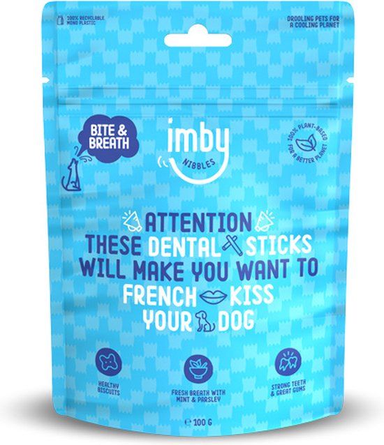 Imby plantaardige hondensnacks - Bite & Breath - Mini dental sticks - Vegan hondenkoekjes - Met munt & peterselie - CO2-neutraal - 100g