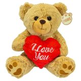 Heunec Valentijn I Love You knuffel beertje - zachte pluche - rood hartje - cadeau - 25 cm - lichtbruin