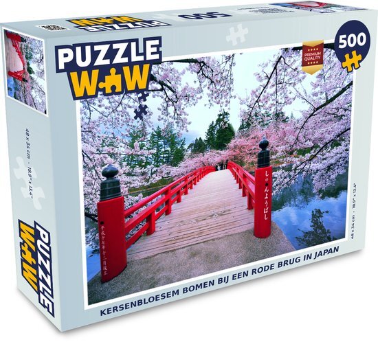 MuchoWow Puzzel Kersenbloesem bomen bij een rode Brug in Japan - Legpuzzel - Puzzel 500 stukjes