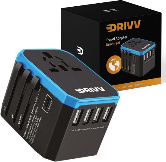 Drivv. Universele Wereldstekker - 4x USB & 1x USB C Fast Charge Travel Adapter - Reisstekker Amerika / Engeland / UK / Canada / Afrika/ Japan / Mexico / Thailand / Zuid Amerika - Type A, B, C, E, F, G, I, J, L, N - 150+ Landen - Reisadapter - Zwart