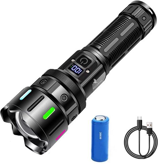 NovaWare Zaklamp LED Oplaadbaar - Militaire Zaklamp op Batterijen - Powerbank Functie - Noodverlichting - 5 Standen - 5000mAh Batterij - 2500 Lumen - Noodpakket - Zwart
