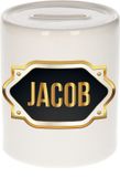 Bellatio Decorations Spaarpot met voornaam Jacob - wit - met goud/zwart embleem - 8 x 9 cm - keramiek - met afsluitdop - cadeau verjaardag