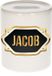 Bellatio Decorations Spaarpot met voornaam Jacob - wit - met goud/zwart embleem - 8 x 9 cm - keramiek - met afsluitdop - cadeau verjaardag