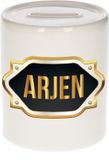 Bellatio Decorations Shoppartners Bv Spaarpot met voornaam Arjen - wit - met goud/zwart embleem - 8 x 9 cm - keramiek - met afsluitdop - cadeau verjaardag