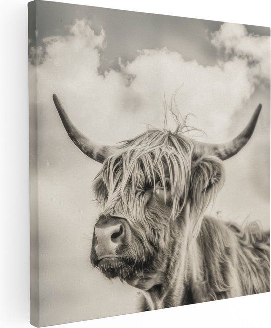 Artaza Canvas Schilderij Schotse Hooglandkoe met Hoorns - 70x70 cm - Canvas Print