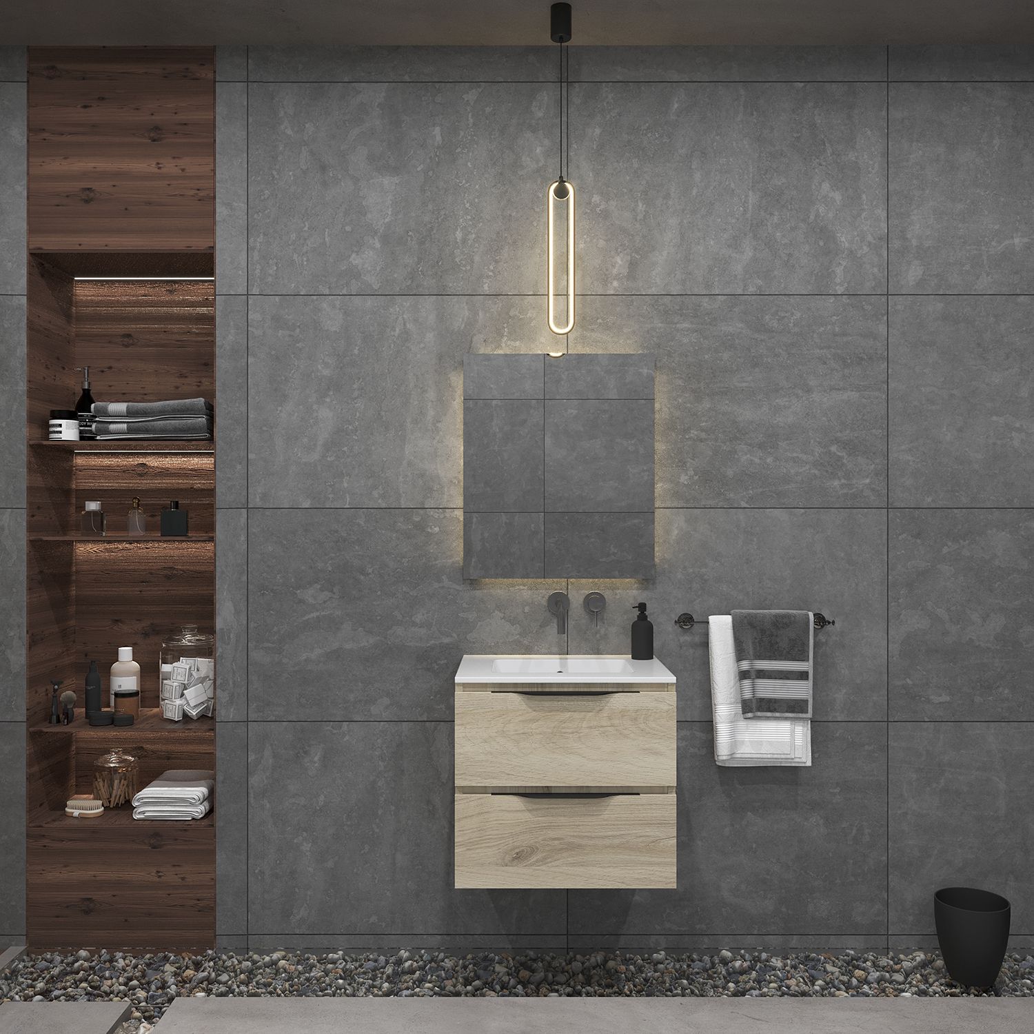 Gliss Design Hera Badkamermeubelset - Mat Zwart - 70 cm - 2 Laden - Licht Grijs Eiken (keuze wastafel)